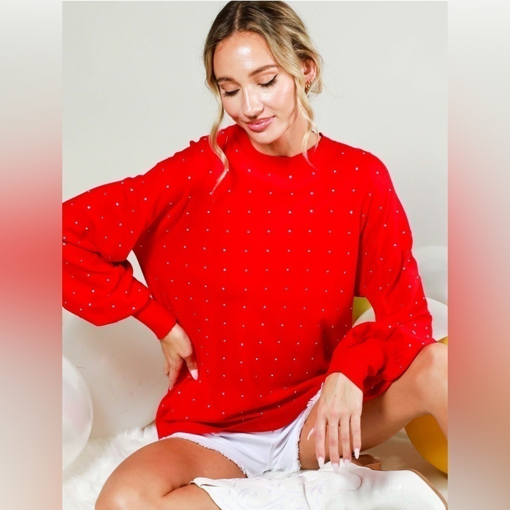 Red!! Red…Holidays..Red Sweater w/Small Rhinestones - Picture 3 of 3